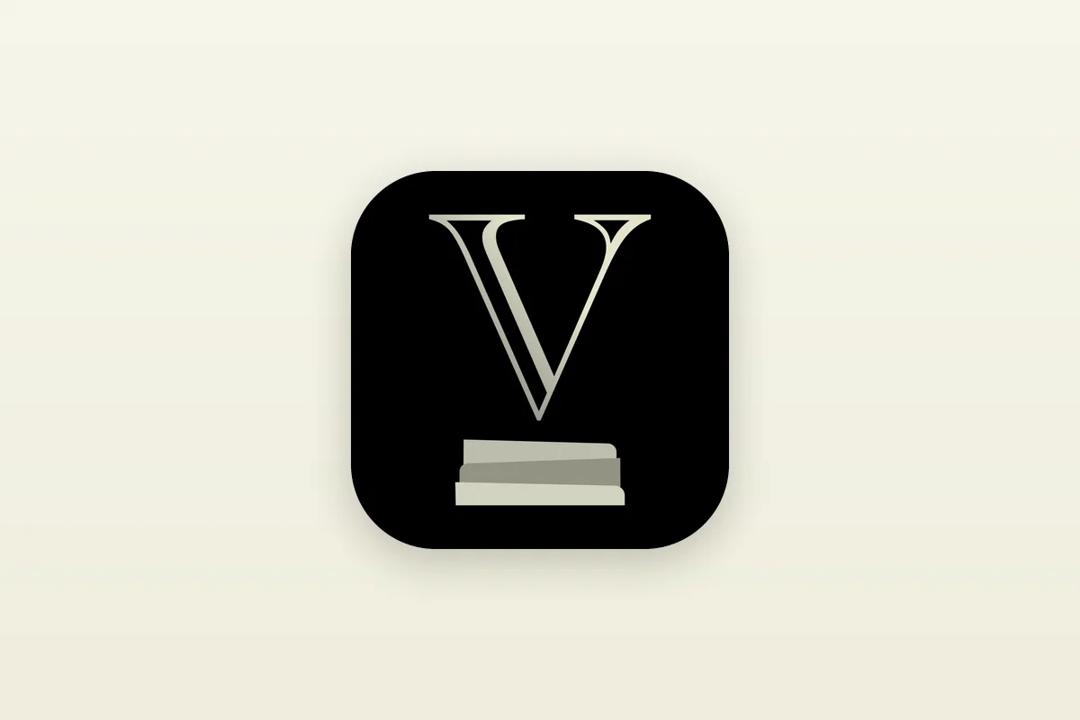 The Volume app icon: a serif letter V above a stack of books, in cream on black